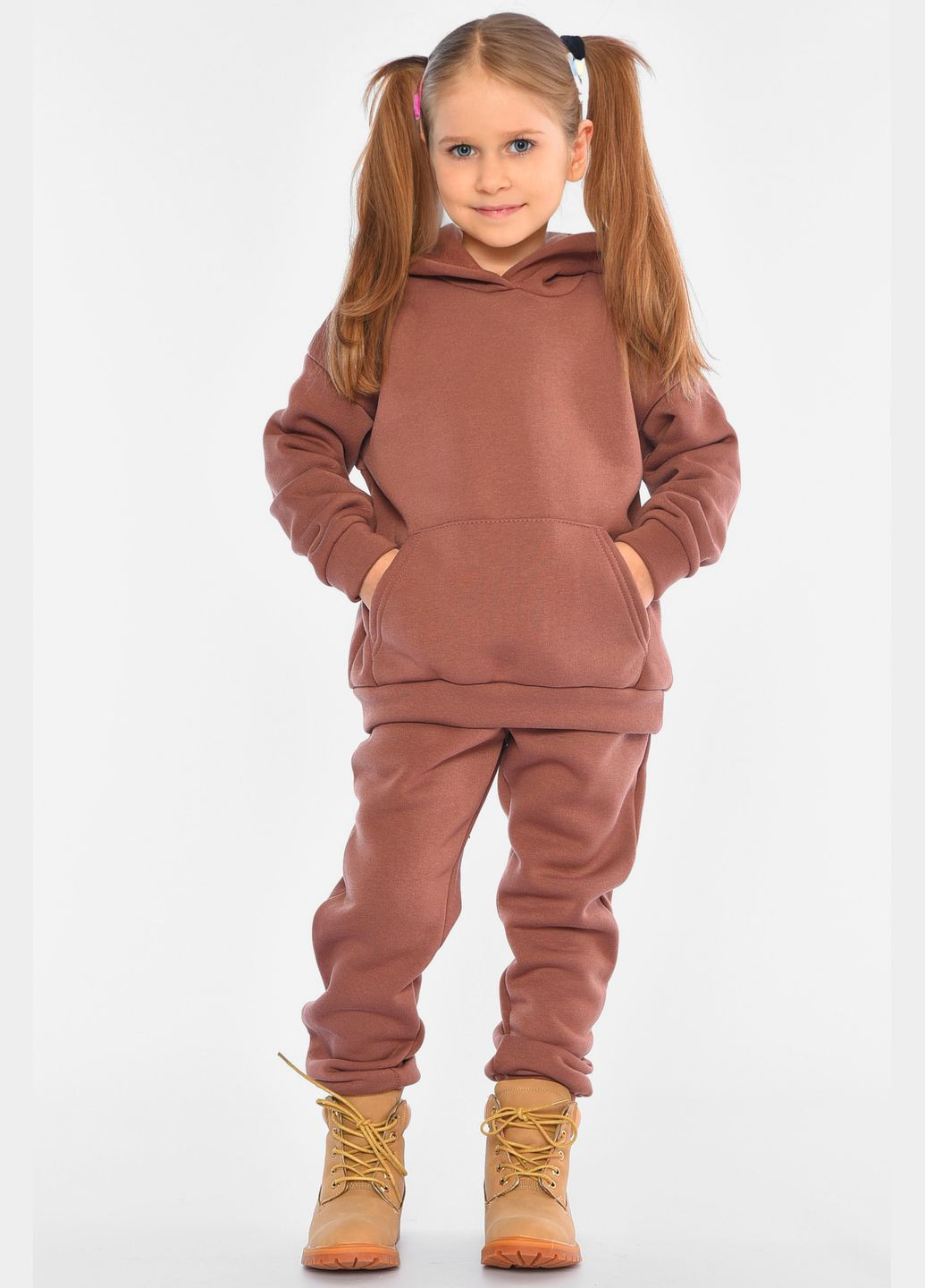 Коричневый зимний спортивный костюм детский на флисе коричневого цвета брючный Let's Shop