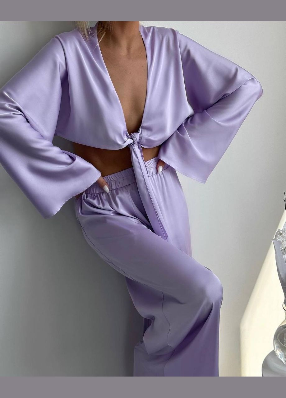 Сиреневый шёлковый костюм двойка в пижамном стиле, нежный костюм 2-ка No Brand 1354 (337096928)