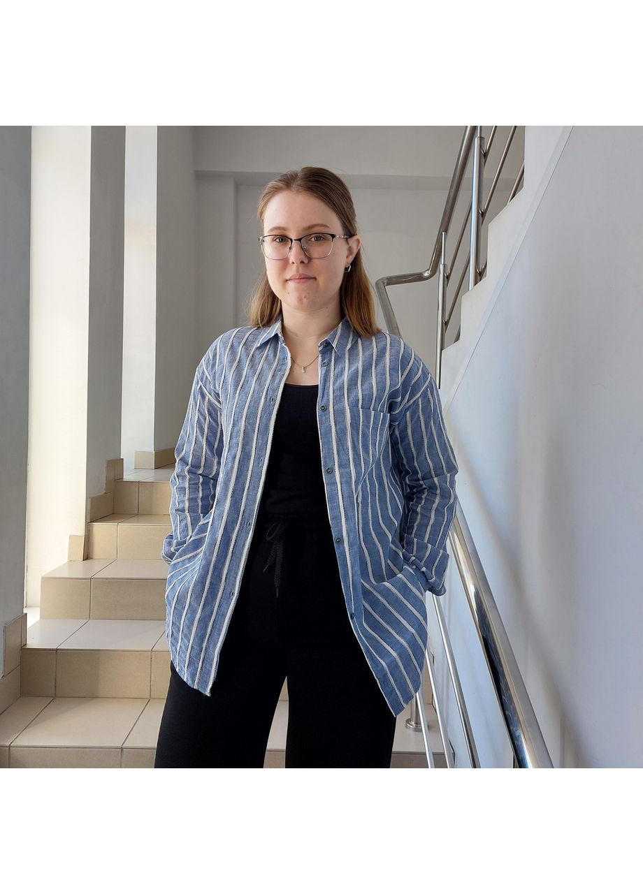 Голубая рубашка женская лён в полоску на пуговицах с длинным рукавом s голубая No Brand