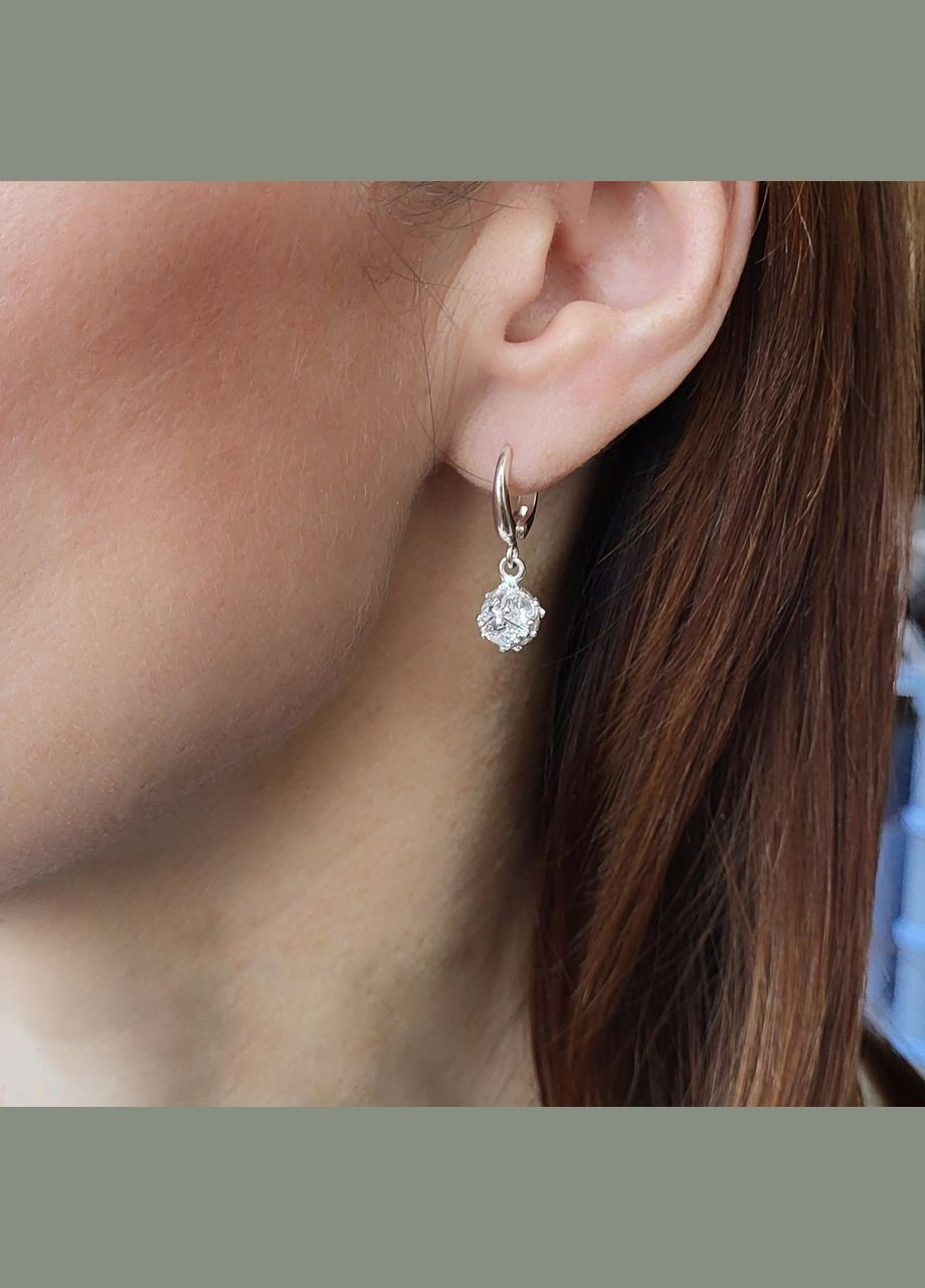 Срібні сережки з підвіскою Кулька в Білих каменях срібло 925 проби Родоване 56093р 4.20г No Brand (331148493)