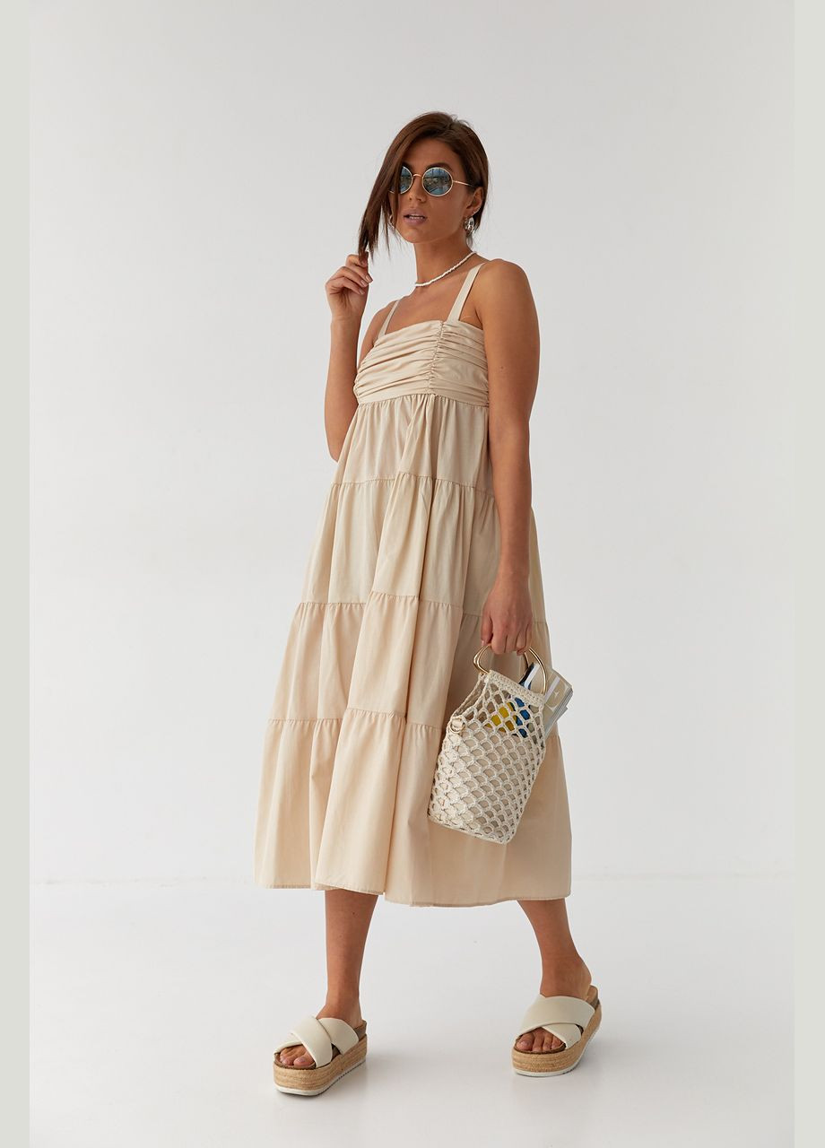 Бежевое повседневный летний сарафан из прошвы на одном бретеле белый цвет 40р. с открытыми плечами No Brand однотонное