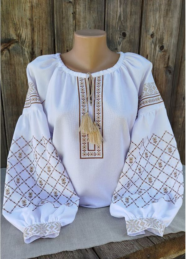 Біла вишиванка, жіноча вишивана блузка на білому домотканому, довгий рукав Vyshyvanka-Ukraine візерунок орнамент пряма, вільна домоткане полотно (351380036)
