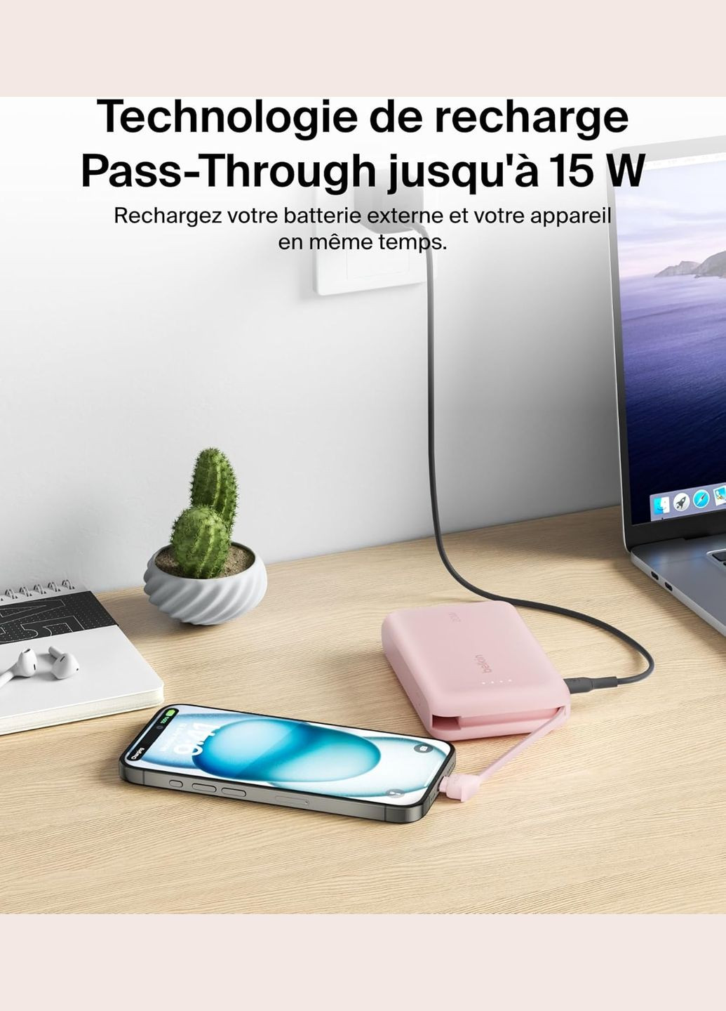 Акумулятор портативний літій-іонний Power Bank 10000мА·год, 20Вт, з інтегрованим кабелем USB-C, рожевий Belkin (322245407)