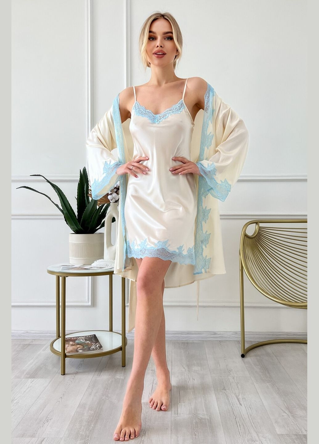 Комплект халат и рубашка комбинация шелк Флорина L Молочный Silk Kiss (285716680)