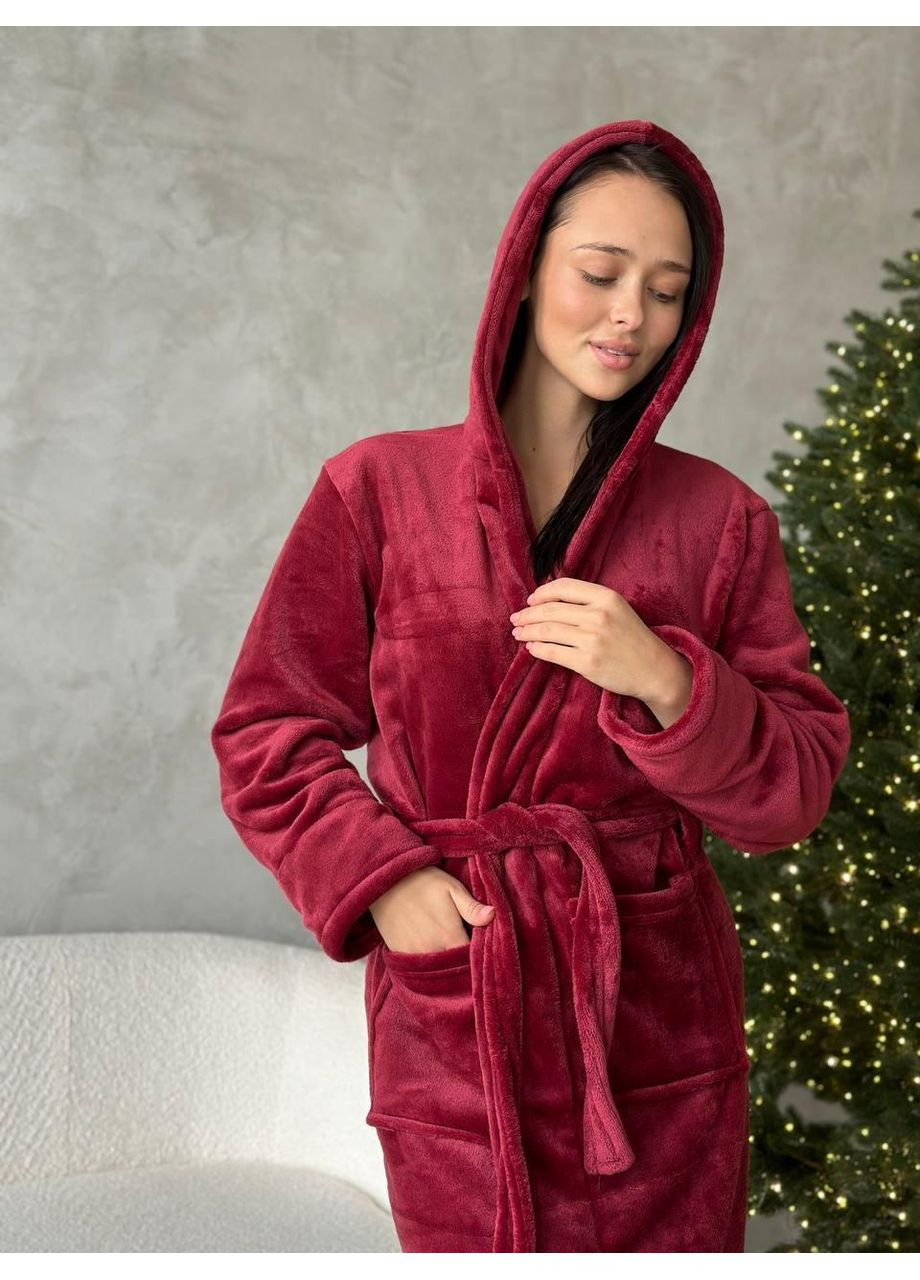 Жіночий халат бордо з капюшоном, м’який велюр, теплий домашній / Жіночий теплий халат, плюшевий, з кишенями та поясом No Brand (369137868)