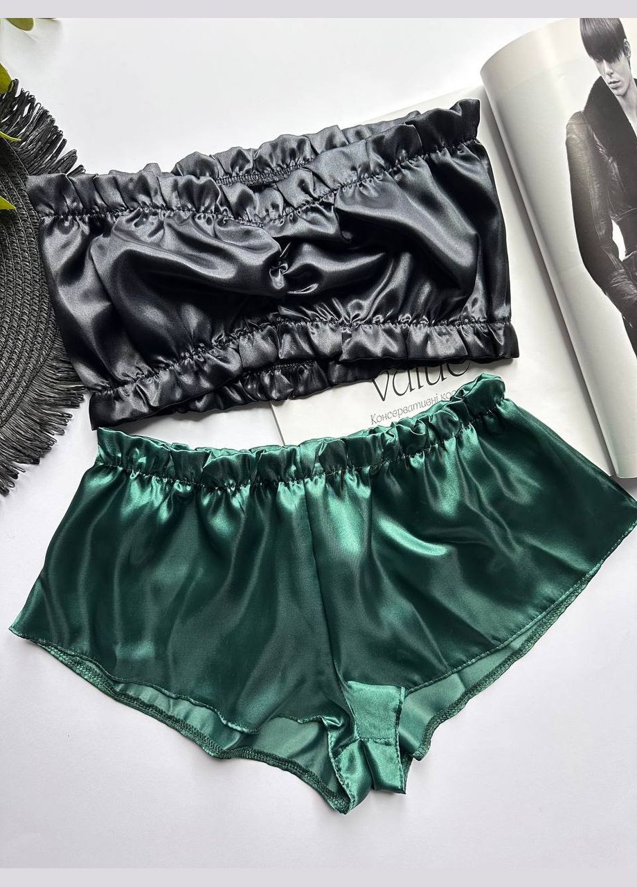 Зеленая всесезон женская пижама, комплект атласный топ + шорты Exclusive