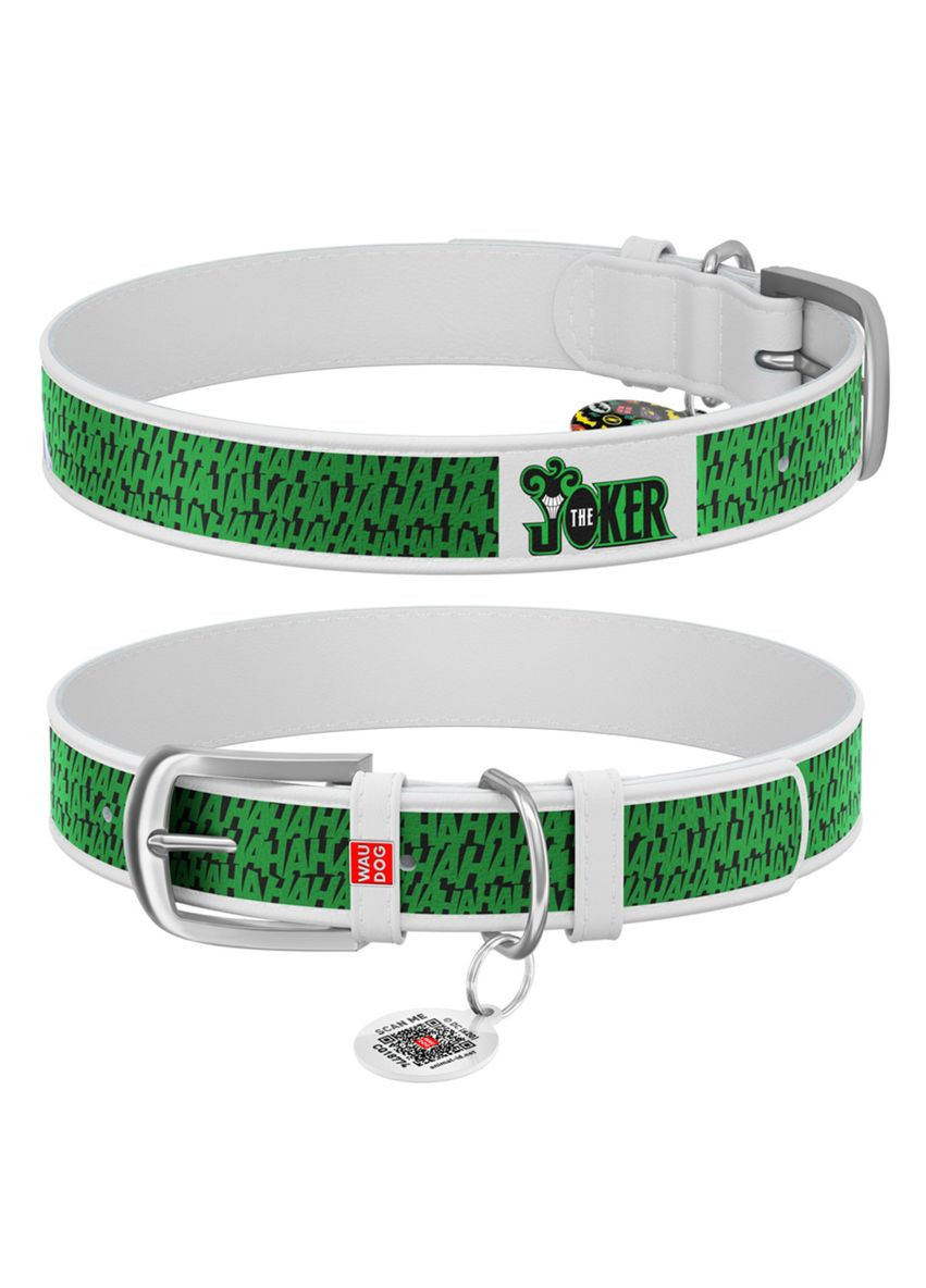 Ошейник для собак кожаный Design с QR паспортом, рисунок "Джокер", XL, Ш 35 мм, Дл 46-59 см, белый WAUDOG (322736736)