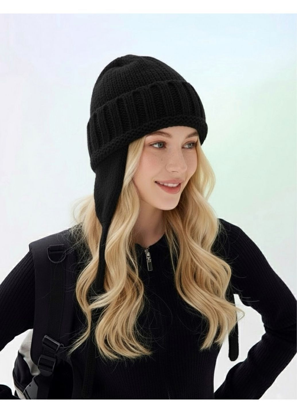 на завʼязках унісекс чорна No Brand Шапка вушанка (368894071)