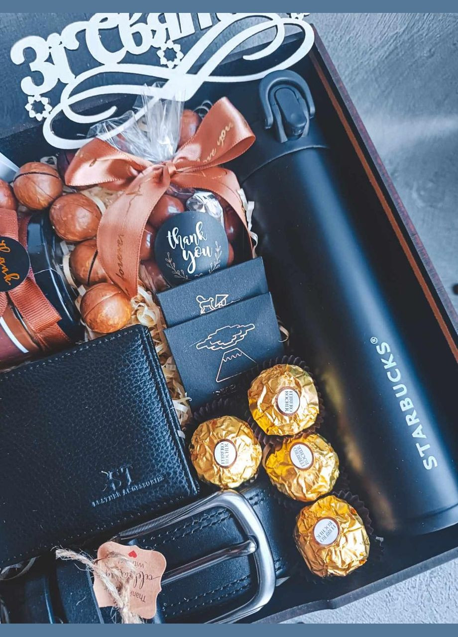 Подарунковий набір для чоловіка, друга, керівника “Gentleman’s Choice”: термос, ремінь, гаманець та солодощами No Brand (328451108)