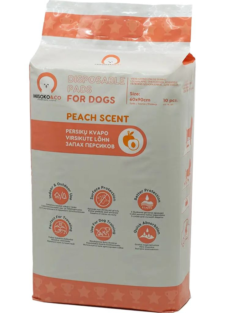 Одноразові пелюшки для собак з ароматом персика 60x90 см 10 шт (4779051630561) Misoko&Co (279562973)