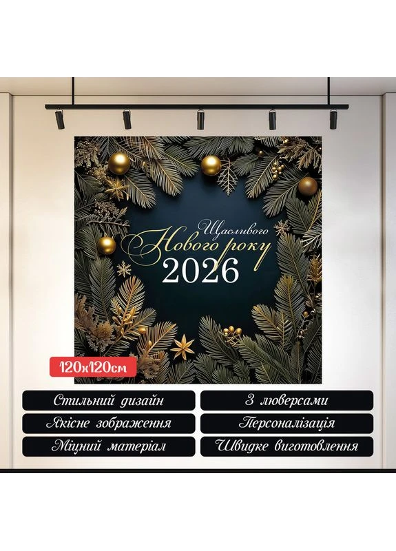 Баннер "Счастливого Нового года 2026" с золотым декором и тёмным фоном №46049 Vinylpex (369930088)