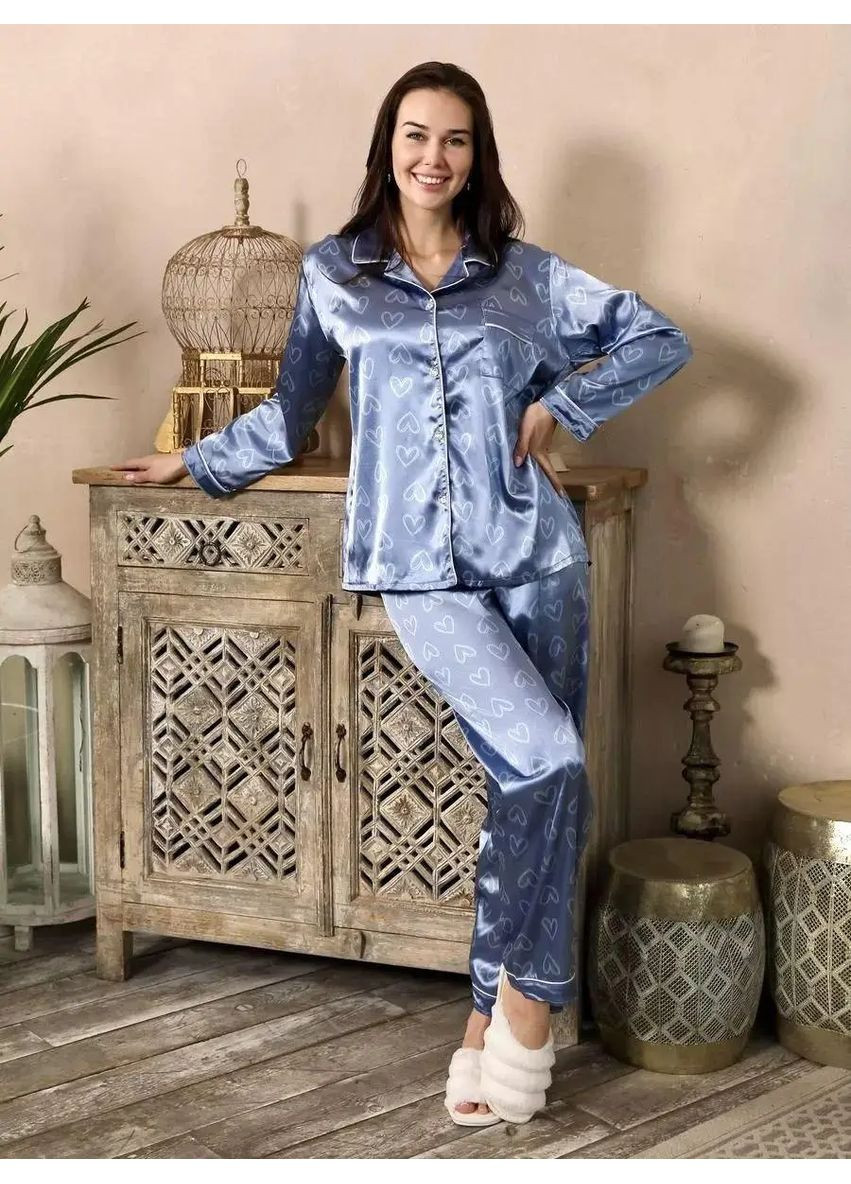 Синяя всесезон атласная женская пижама шелковая с брюками на резинке, пижамный комплект с сердцем, женская пижама из атласа рубашка + брюки No Brand Атласна піжама шовкова синя