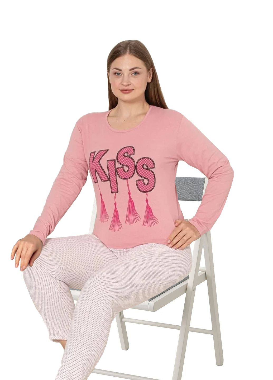 Пудровая пижама женская хлопок лонгслив + брюки Ruyam