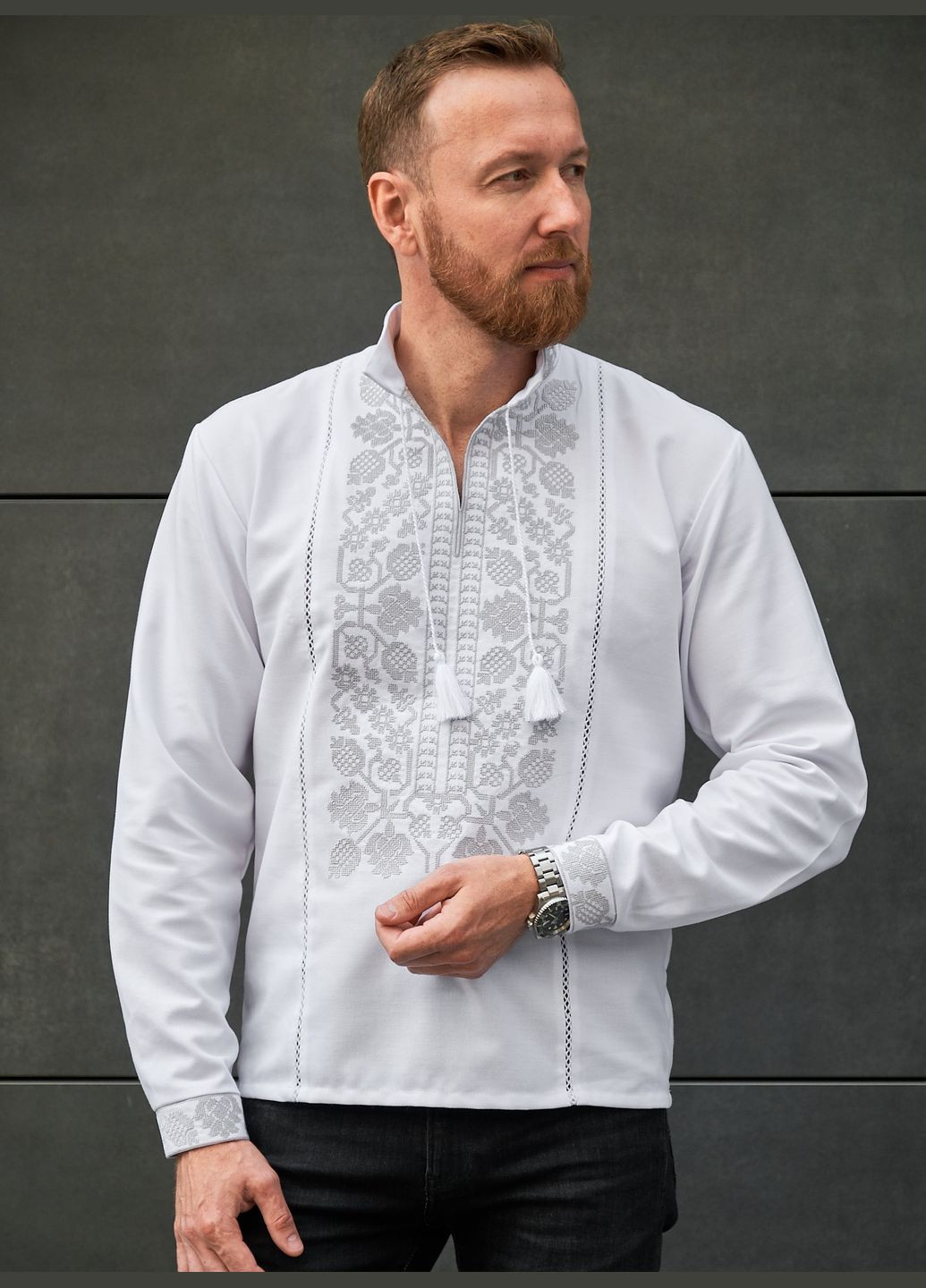 Біла чоловіча вишиванка з натуральної тканини "козак" ( сіра вишивка ) Kalyna вільна домоткане полотно (315919624)