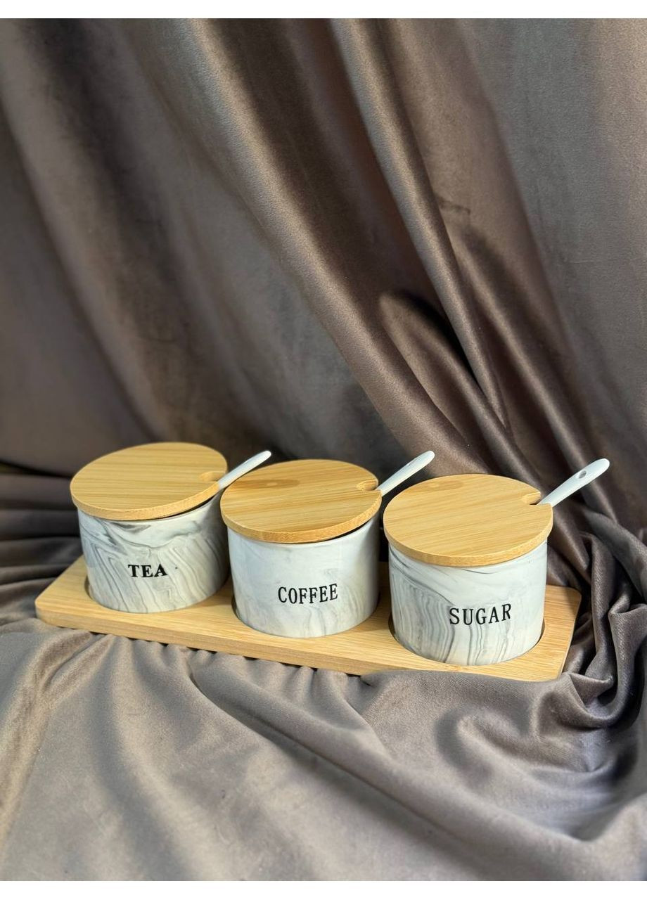 Набор банок для сыпучих продуктов SCT-660 фарфоровых на бамбуковой подставке 3 шт 180 мл Серый мрамор Yiwu (366081681)