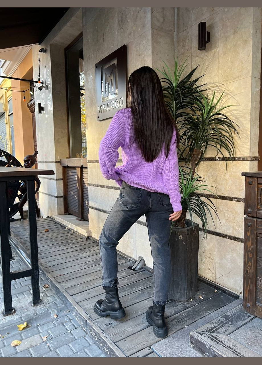 Сиреневый зимний женский однотонный свитер с горловиной сиреневого цвета 30262 No Brand