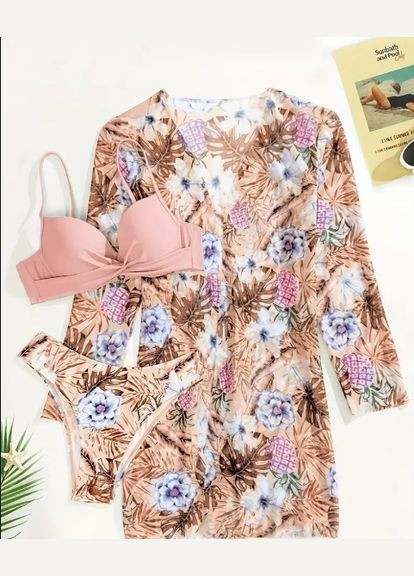 Розовый демисезонный раздельный купальник розовый с растительным принтом + туника халат раздельный No Brand 1932