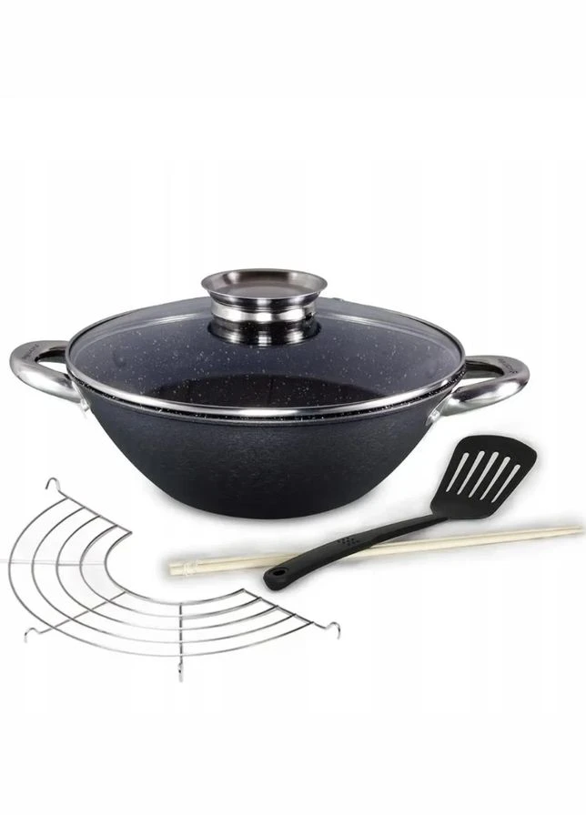 Сковорода WOK чавунна 260 мм x 3 л мармур з кришкою (4815MR) Kamille (336153498)