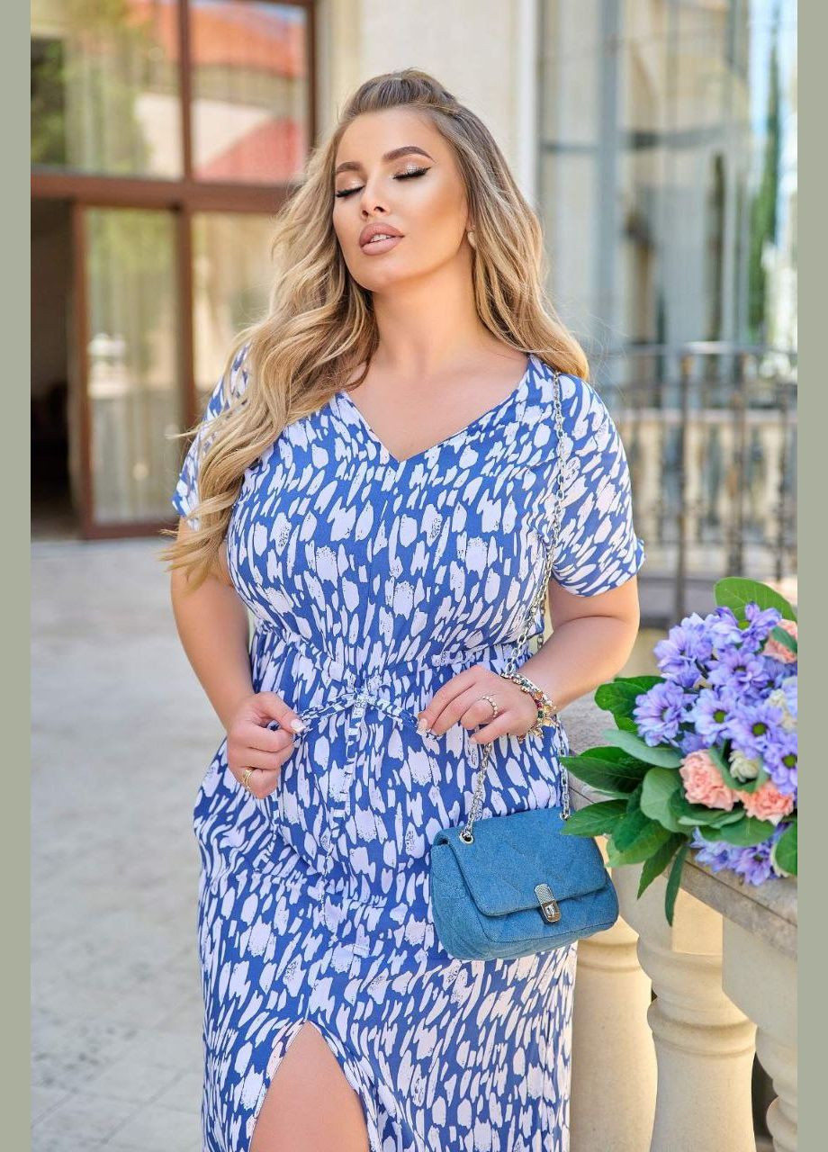 Блакитна красива приємна до тіла блакитна сукня з турецького штапелю в батальному розмірі, талію підкреслює куліса No Brand