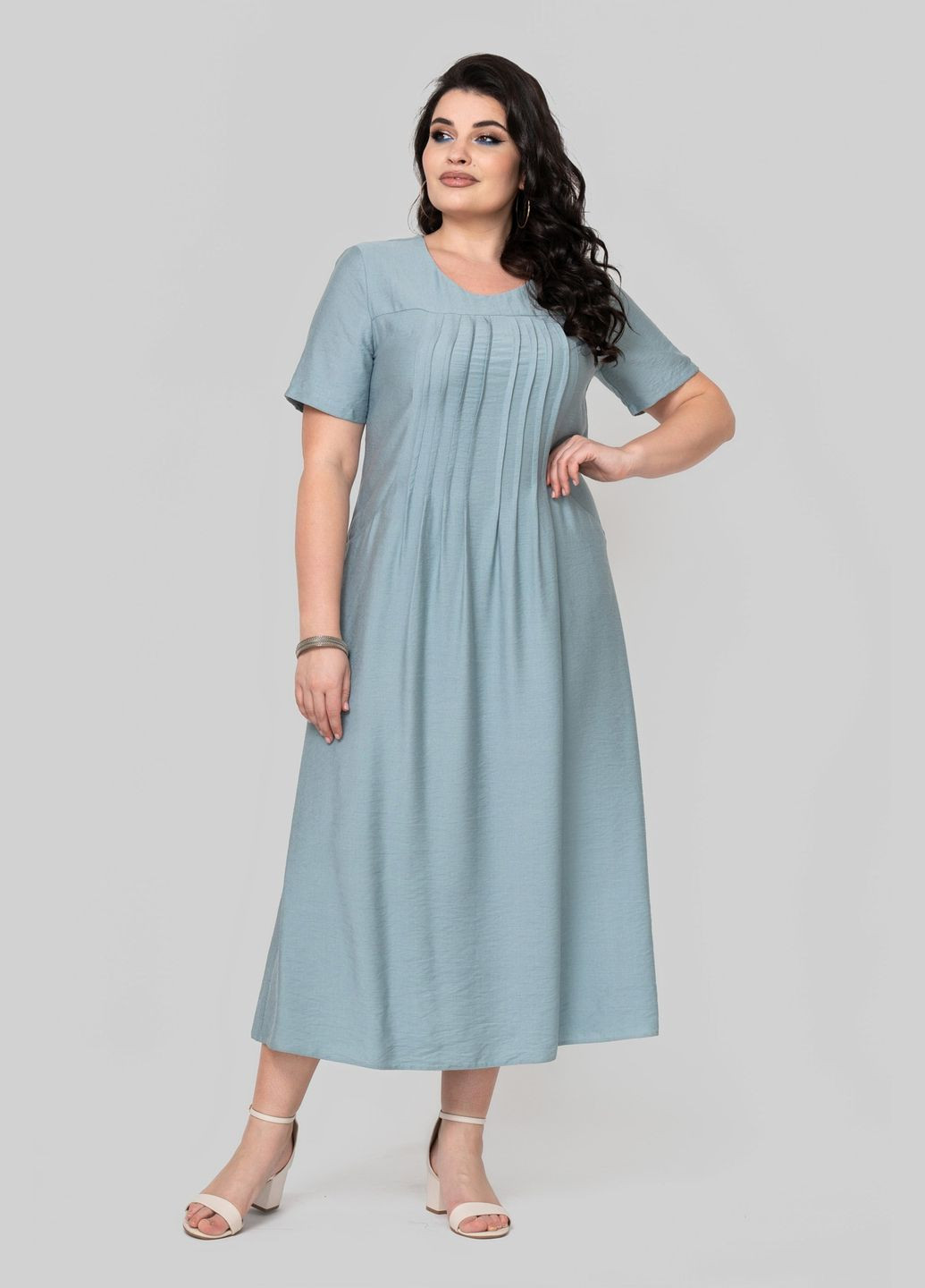 Мятное платье трапецевидного силуэта из ткани лен бохо по центру застроченные складки all posa (ap102352p) A'll Posa