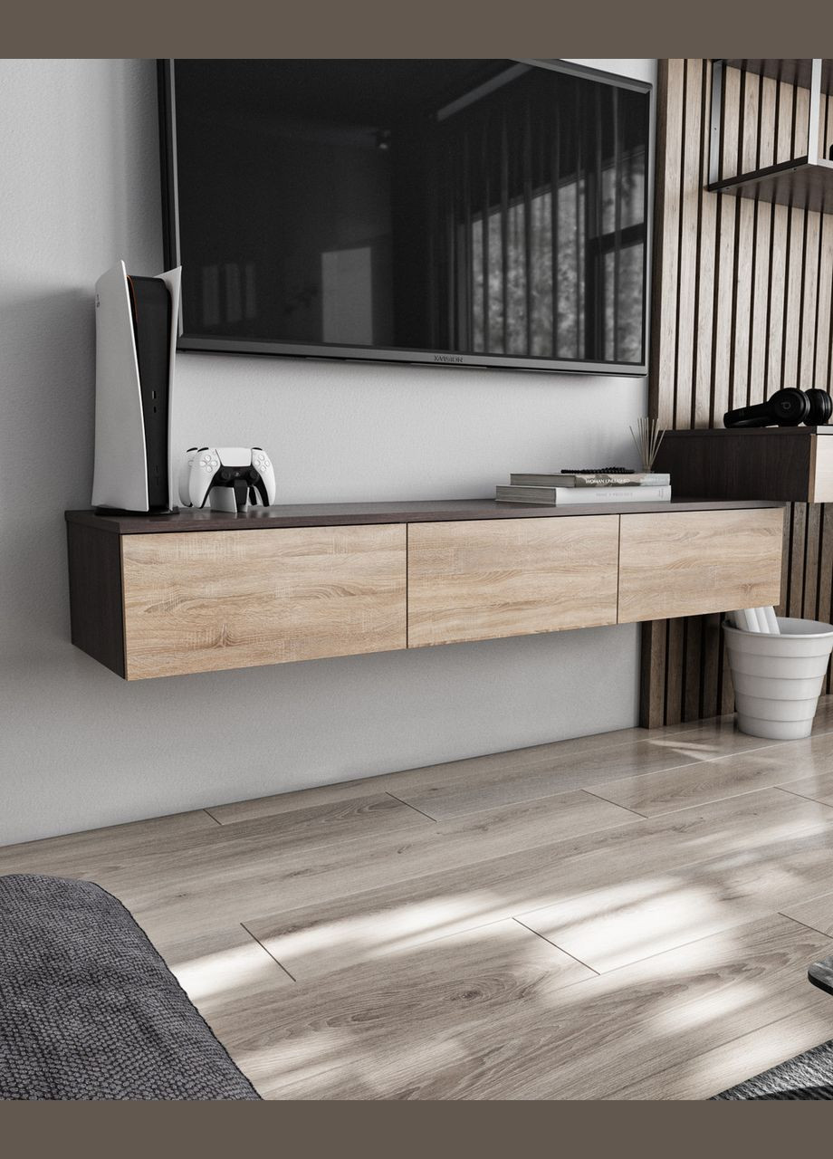 Підвісна тумба під ТВ у вітальню, TV тумба на 3 шухляди, тумба під телевізора T-221 від Венге темний/Дуб Сонома MORELI (335424131)