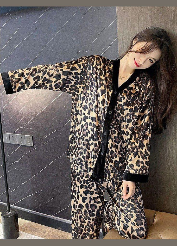 Черная всесезон комплект пижамный домашний женский атласный leopard леопардовый рубашка + брюки No Brand Леопард