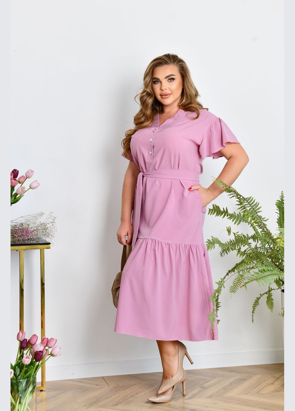 Розово-лиловое повседневный платье-рубашка с поясом рубашка No Brand однотонное
