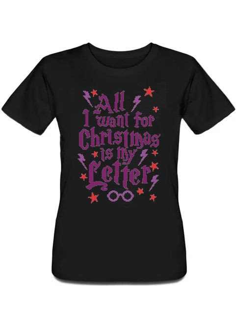 Черная летняя женская новогодняя футболка all i want for christmas is my letter (чёрная) Fat Cat