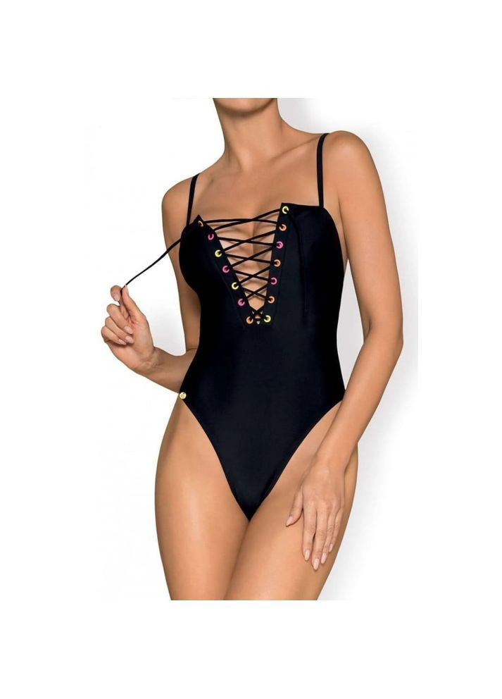 Чорний демісезонний купальник відрядний beverelle з глибоким декольте і шнурівкою, чорний, s Obsessive