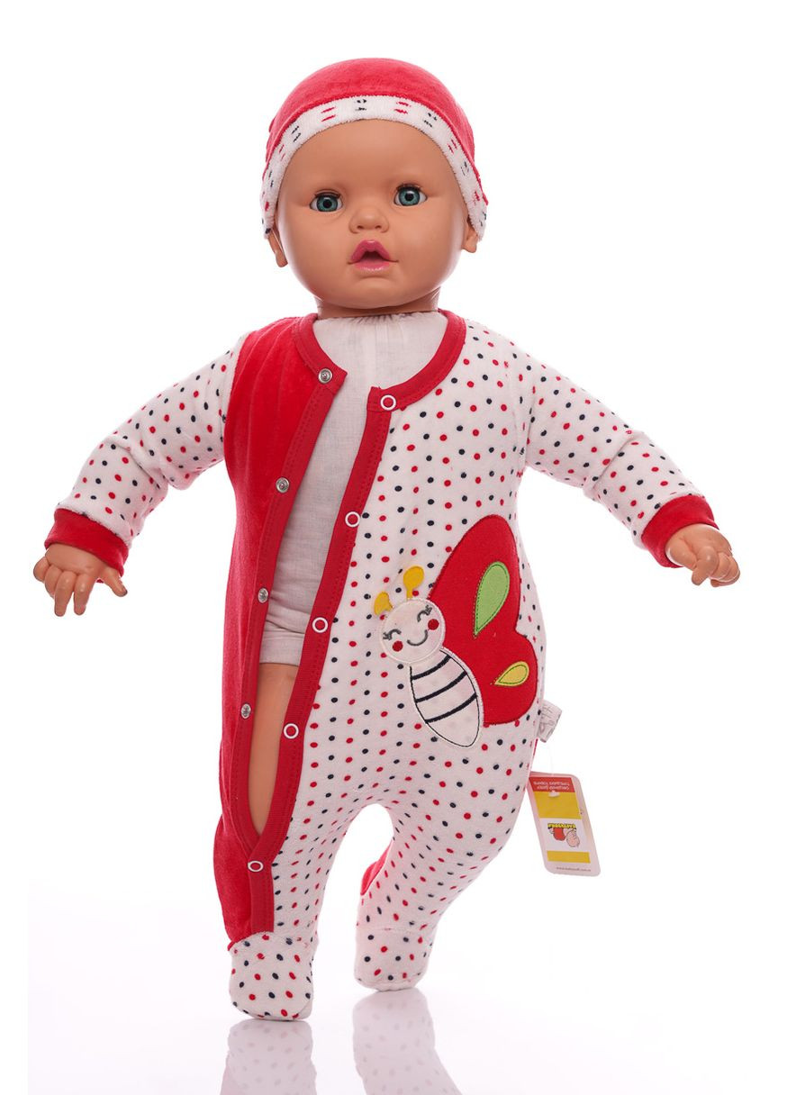 Красный зимний человечек с шапочкой для девочки велюр с бабочкой красный 56 см (29912) BABYKROHA