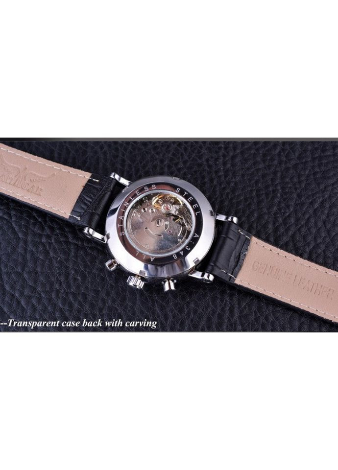 Чоловічий механічний наручний годинник Jaragar зі шкіряним ремінцем і чорним циферблатом сріблястий (sku_941) No Brand (350906462)