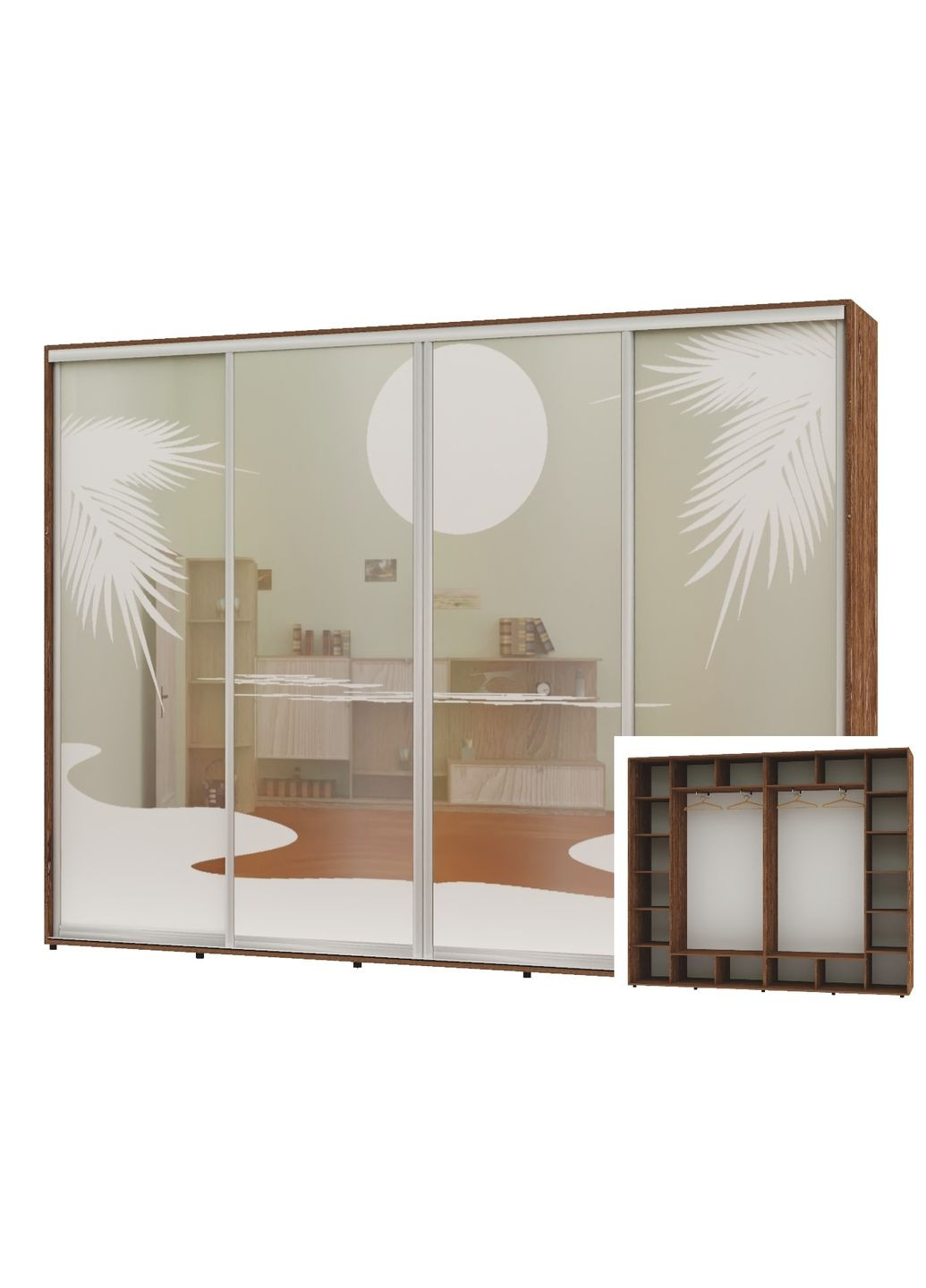 Шкаф-купе четырехдверный 300*45*250 Дуб винтаж Зеркало с пескоструйным рисунком Алекса (360467447)