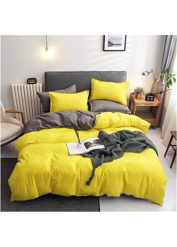Постільна білизна ДУЕТ Жовтий/Антрацит Ранфорс Двоспальна на резинці MERISET (278255696)