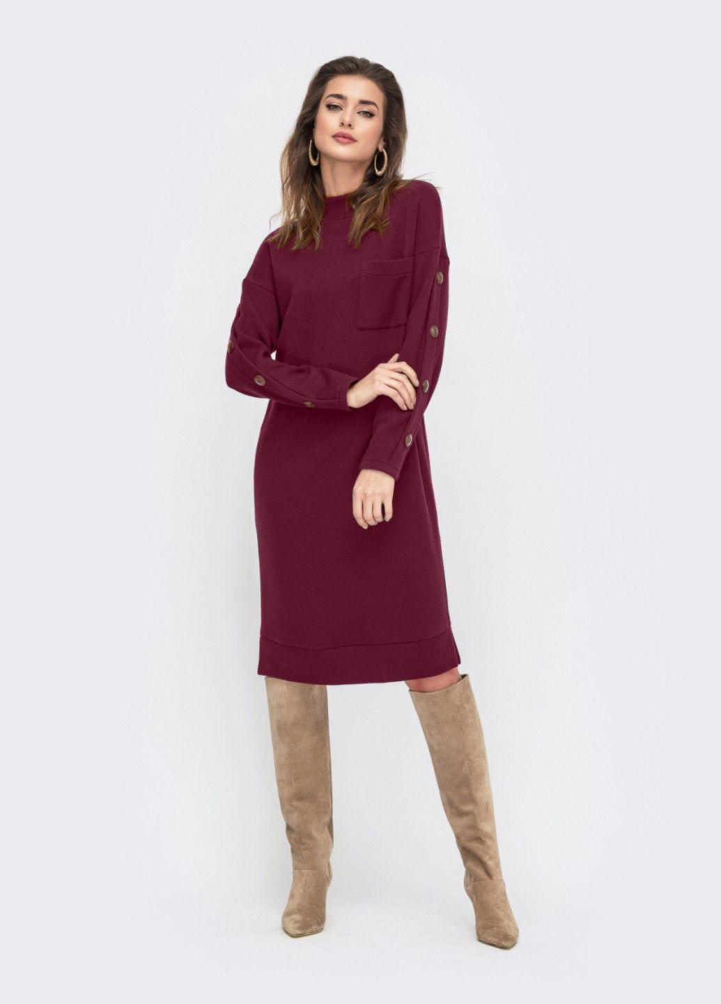 Бордова кежуал тепла сукня з декоративними ґудзиками на рукавах бордова Dressa однотонна