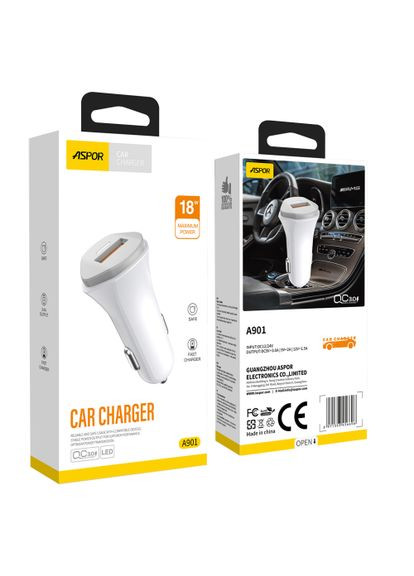 Автомобільний зарядний пристрій A901 (QC3.0/18W) LED + USB кабель Type-C- білий Aspor (368560883)