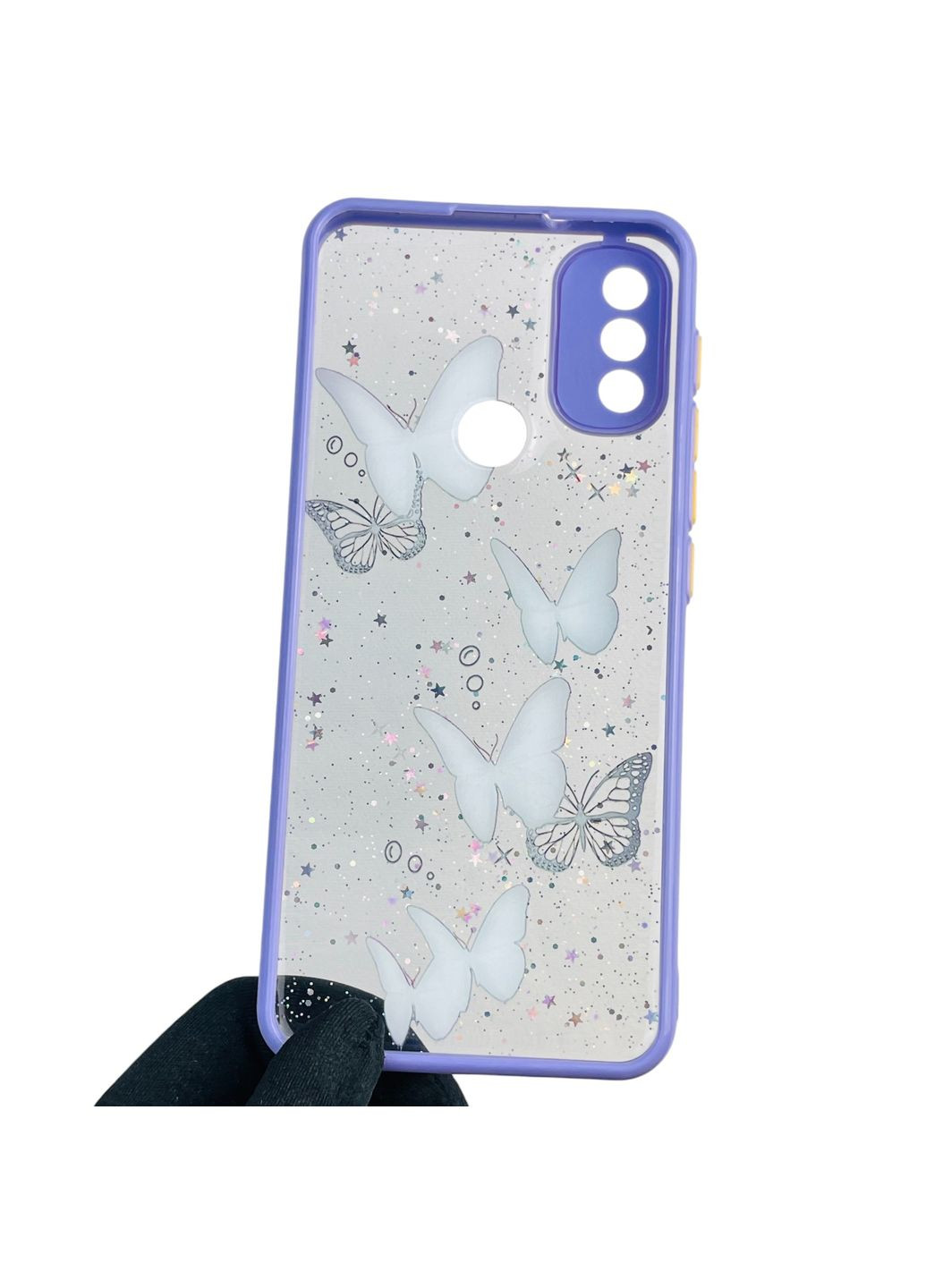 Чохол для Moto E20 з блискітками з метеликами на моторола е20 бузковий Motorola (366387532)