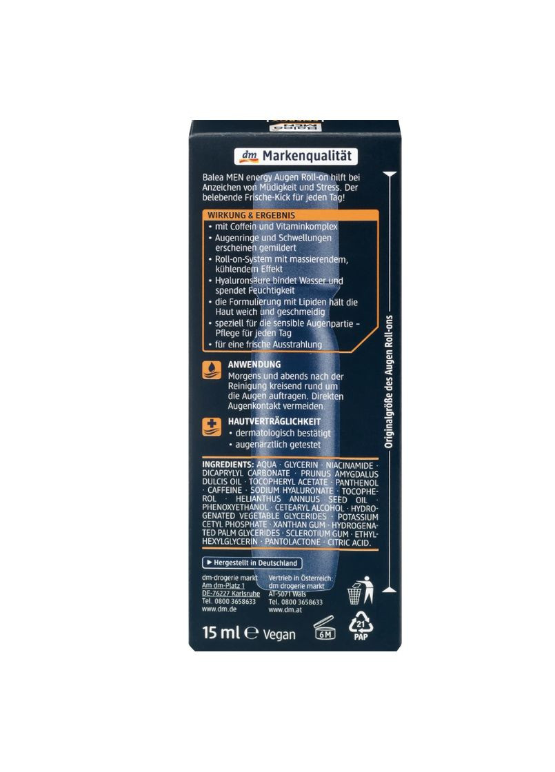 Чоловіча сироватка під очі від темних кругів з кофеїном та гіалуроновою кислотою MEN Augen Roll-on Energy, 15 ml Balea (366569494)