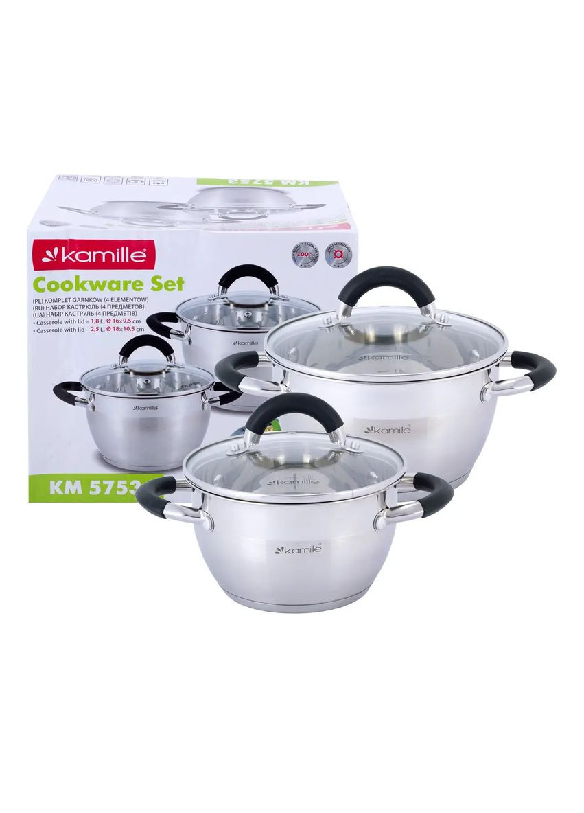 Набор кастрюль из нержавеющей стали 4 предмета для индукции и газа (1.8л, 2.5л) KM- hjk Kamille 5753 (360880092)