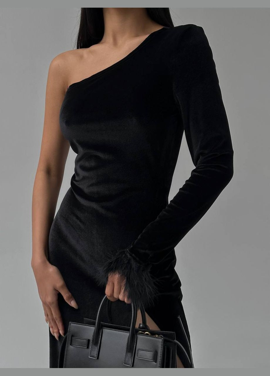 Чорна святковий, вечірня оксамитова жіноча сукня на одне плече з розрізом Avanti однотонна