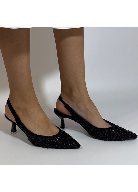 No Brand Женские туфли слингбек с бисером 6,5 см, цвет Черный слингбеки черный з текстиль, — лето (351394461)