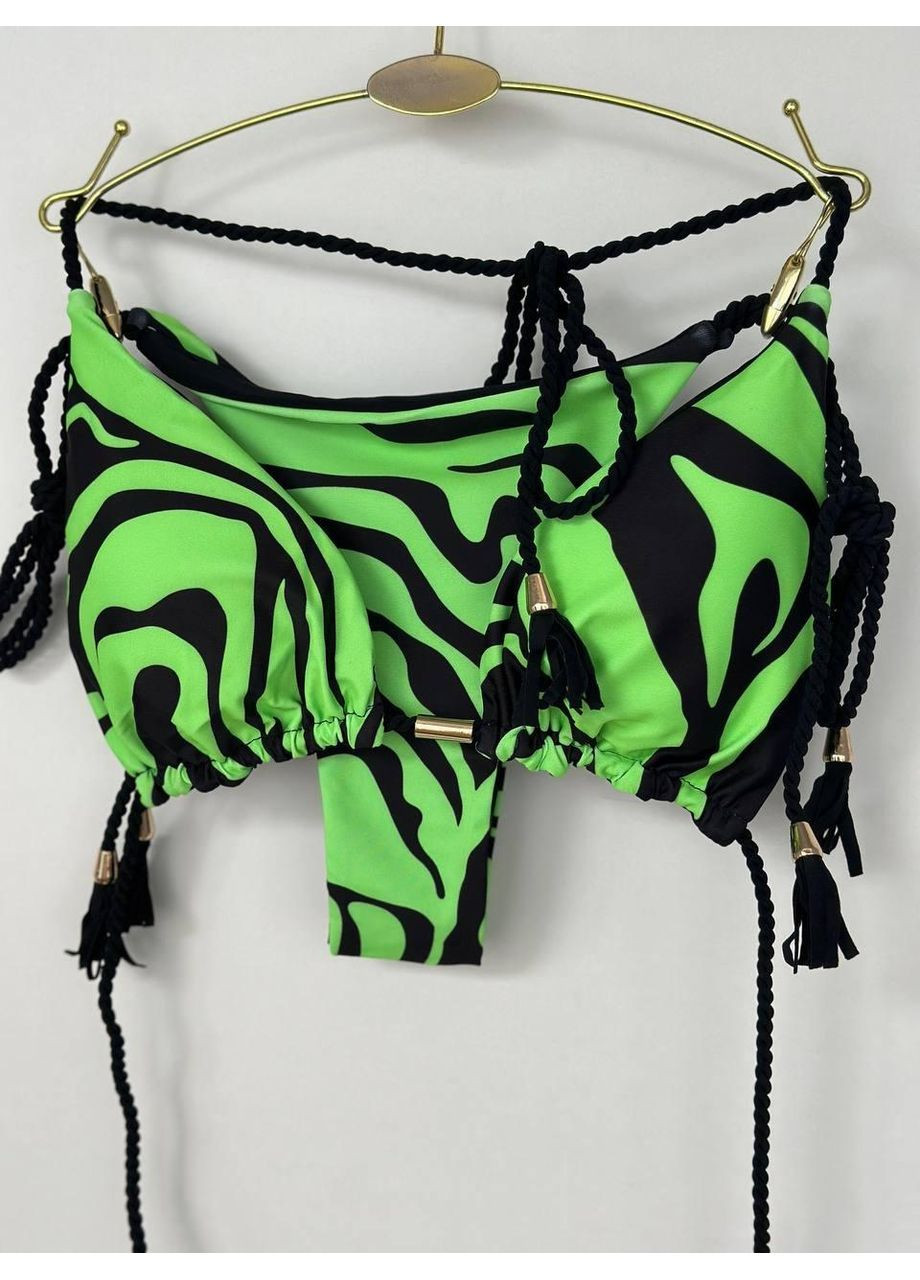 Зелений літній жіночий купальник бікіні неоново з принтом та чорними зав’язками / жіночий роздільний купальник з яскравим зебра-принтом No Brand