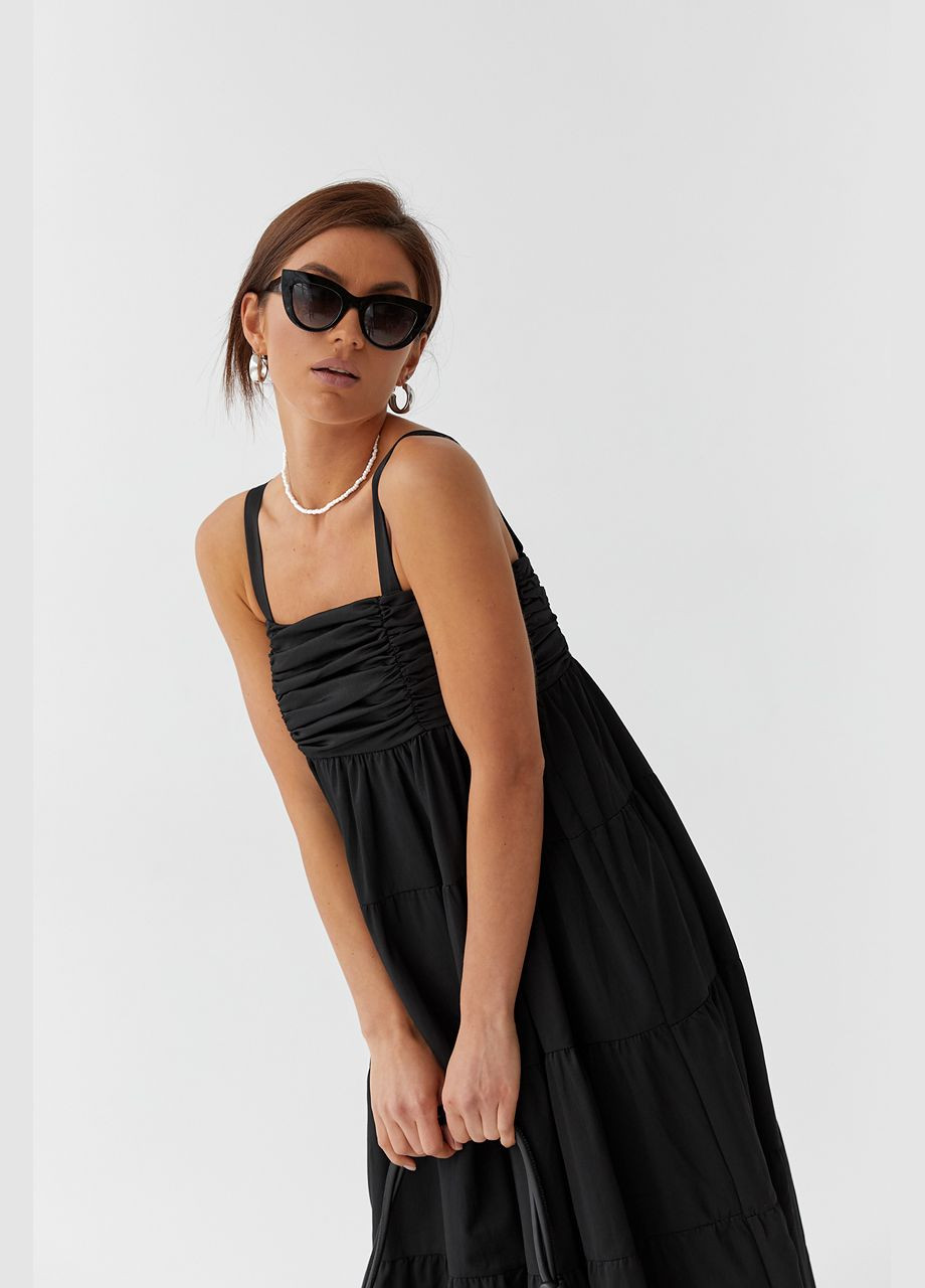 Черное повседневный летний сарафан из прошвы на одном бретеле белый цвет 40р. с открытыми плечами No Brand однотонное