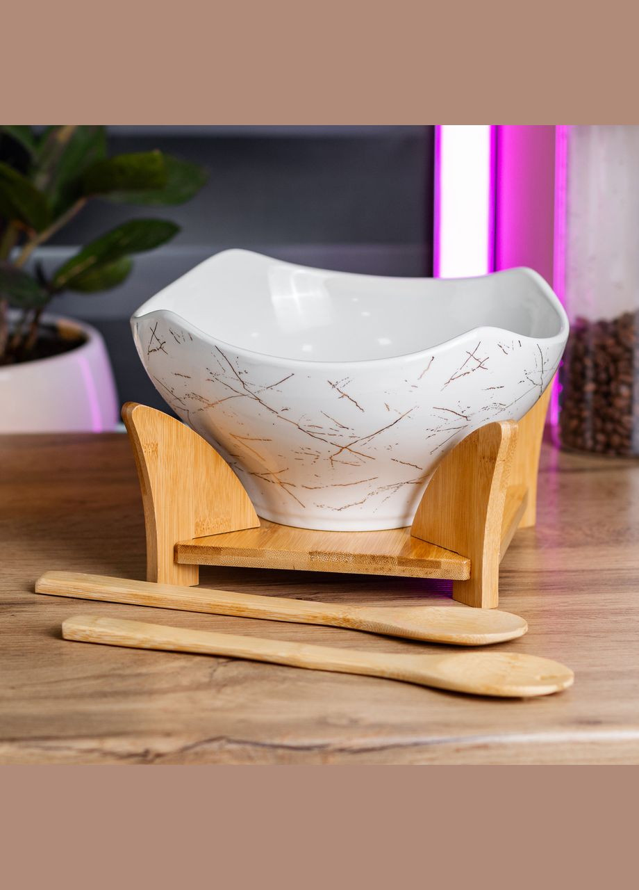 Салатниця га бамбуковій підставці з виделкою і ложкою 22*22*14 см Білий HP1228 Yiwu (353503165)