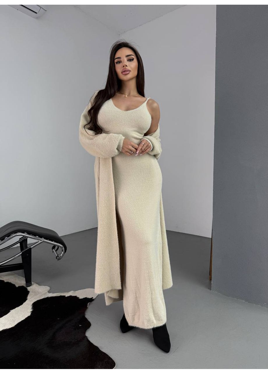 Бежевое кэжуал женское платье с кардиганом платье-майка No Brand