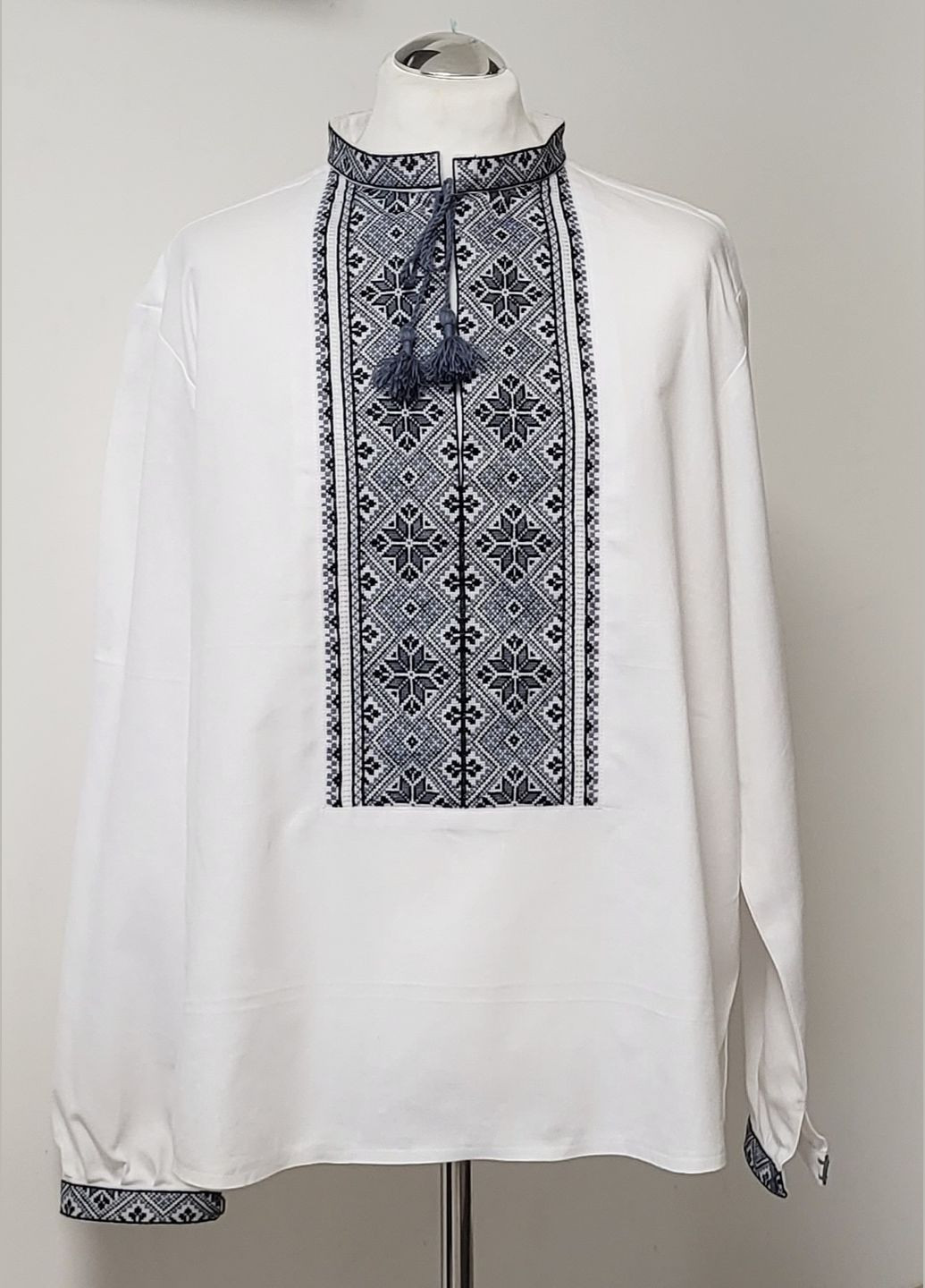 Серая мужская вышиванка большого размера, ручная работа, домотканое полотно "дымчатая заря" Hand Made свободная, прямой хлопок, домотканное полотно (331769864)