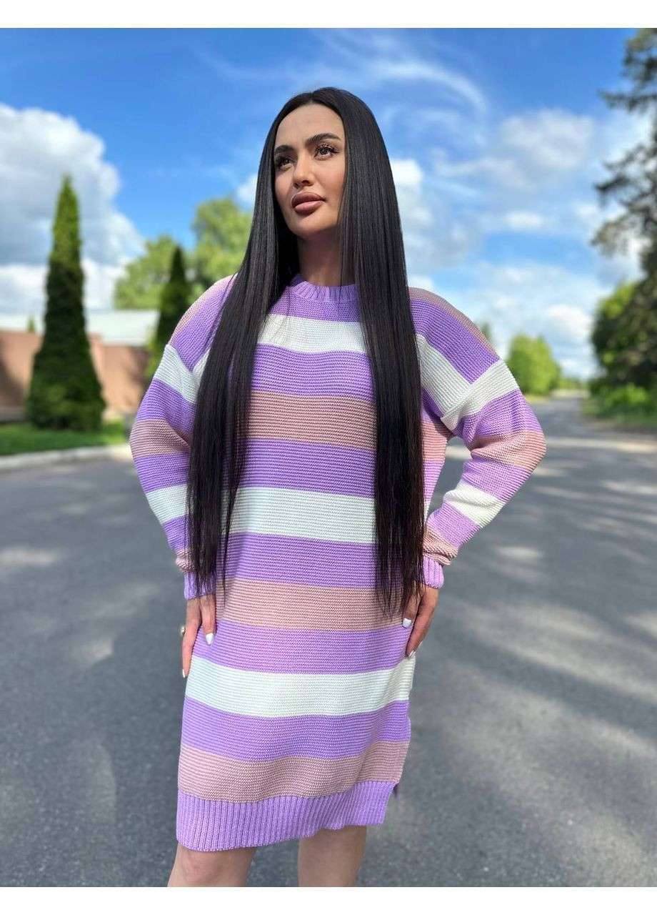 Сиреневое кэжуал женское платье платье-свитер No Brand в полоску