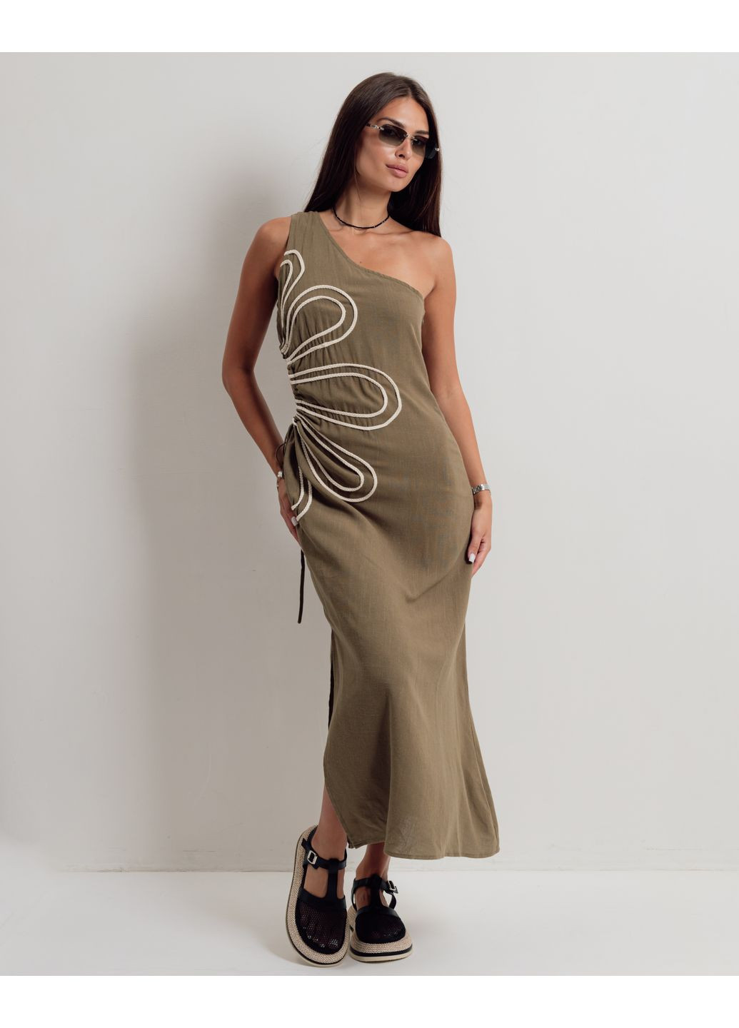 Оливкова кежуал сукня довга льон Lavysh