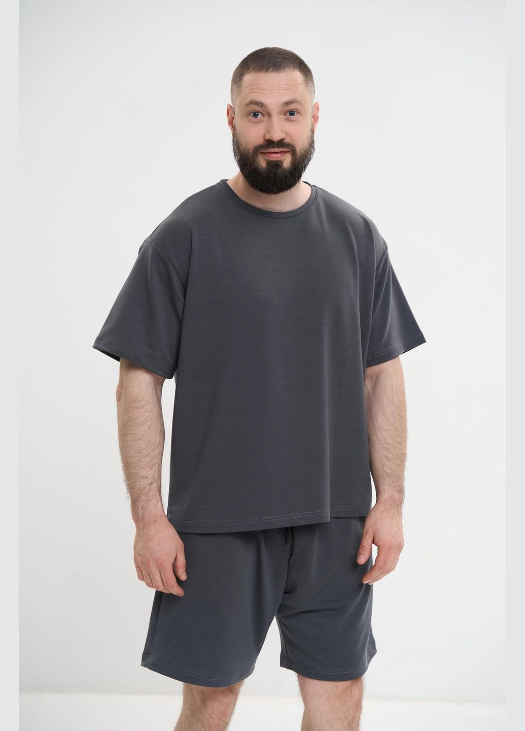 Графитовый летний мужской оверсайз костюм большого размера с шортами Vakko