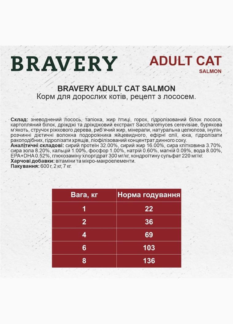 Сухой корм для взрослых кошек Salmon Adult Cat с лососем 7 кг (8436538947630) Bravery (341675087)