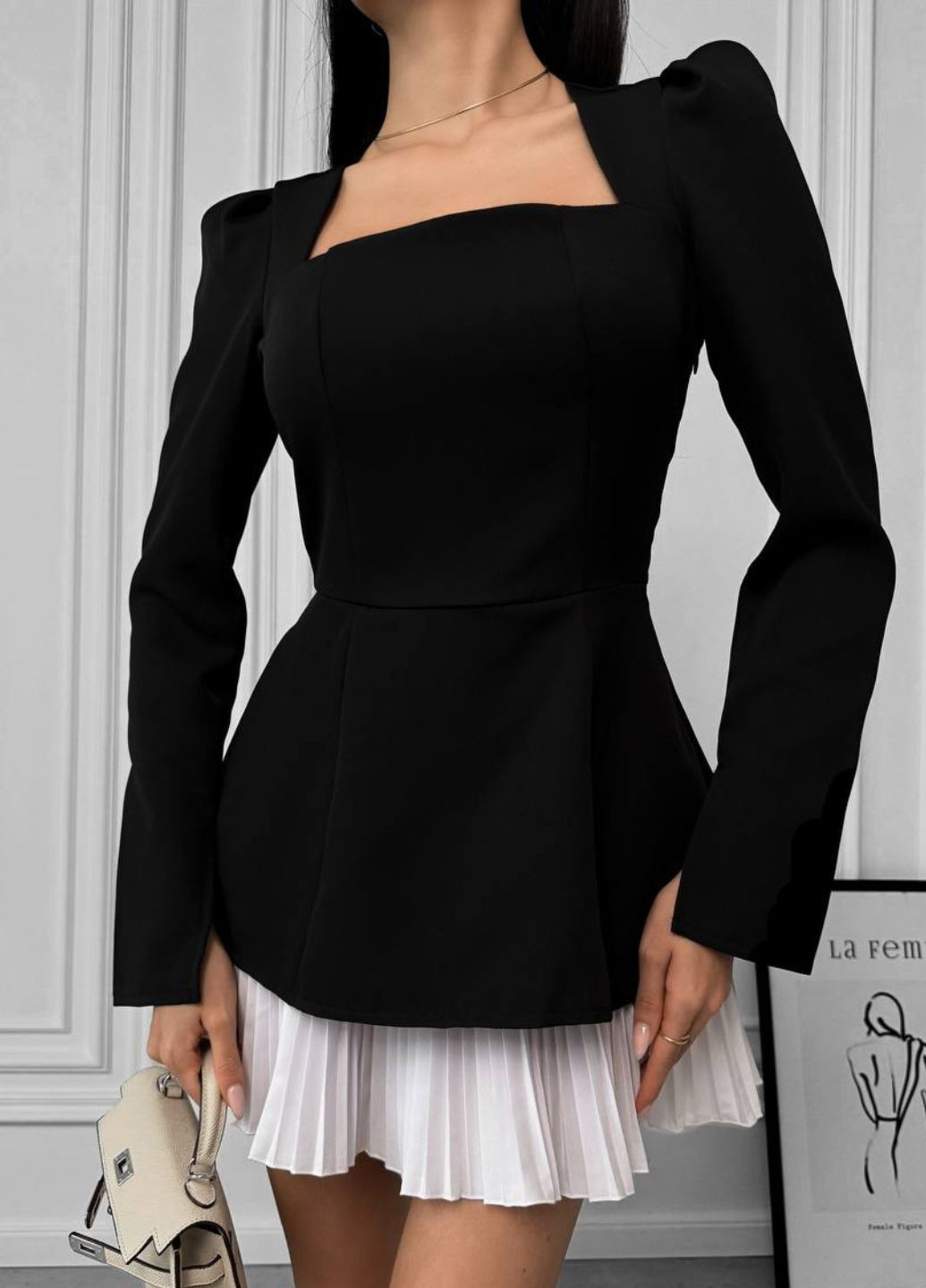 Черно-белое кэжуал мини платье с двойной плиссированной юбкой плиссированное Tik-Tak колор блок